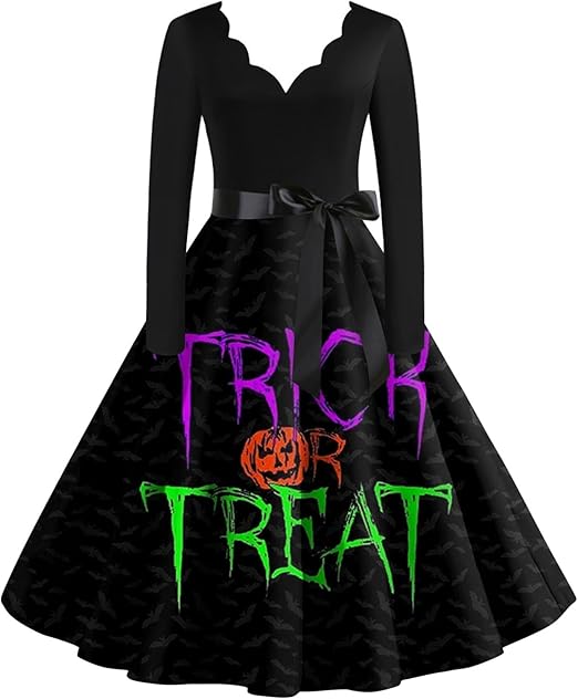 OIOLOYJM Sexy Plus Size Halloween Costumes Woman 2025 Long Sleeve V Neck Printed Gothic Retro Formal Party Dresses for Women
