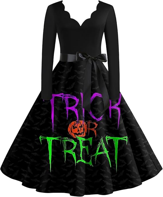 OIOLOYJM Sexy Plus Size Halloween Costumes Woman 2025 Long Sleeve V Neck Printed Gothic Retro Formal Party Dresses for Women