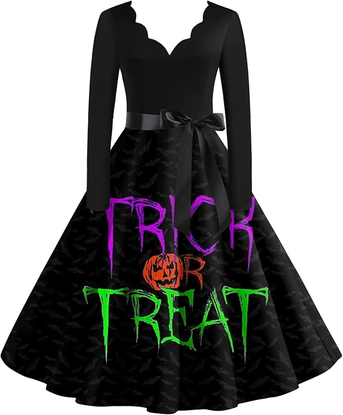 OIOLOYJM Sexy Plus Size Halloween Costumes Woman 2025 Long Sleeve V Neck Printed Gothic Retro Formal Party Dresses for Women