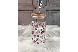 16oz Strawberry Glass Cup with Lid and Straw | Perfect for Smoothies,...