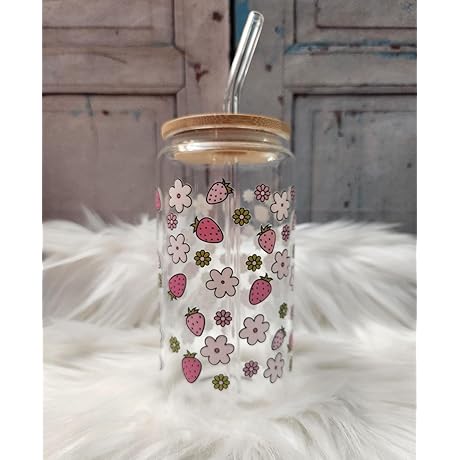 16oz Strawberry Glass Cup with Lid and Straw | Perfect for Smoothies,...