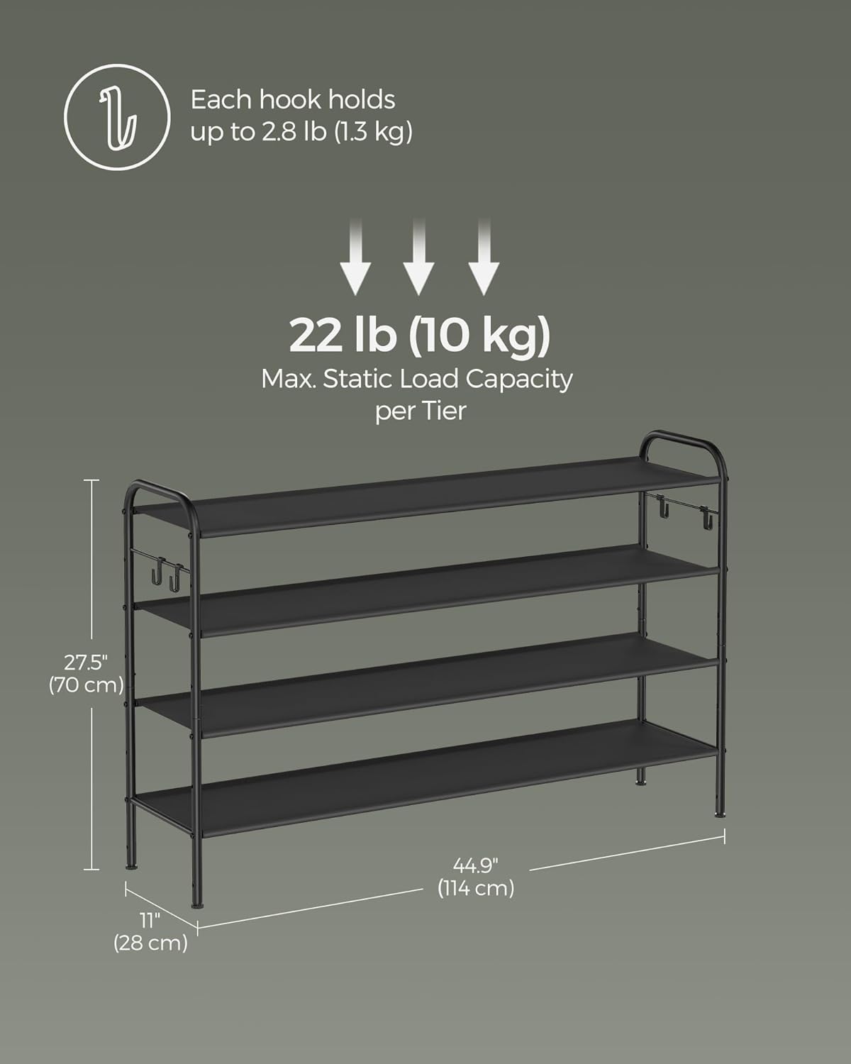 SONGMICS Shoe Rack, 4-Tier Shoe Organizer, Fabric Shoe Shelf Storage with 4 Hooks, Holds up to 24 Pairs of Shoes, Height-Adjustable Shoe Rack for Entryway, Hallway, Closet, Easy Assembly, Ink Black