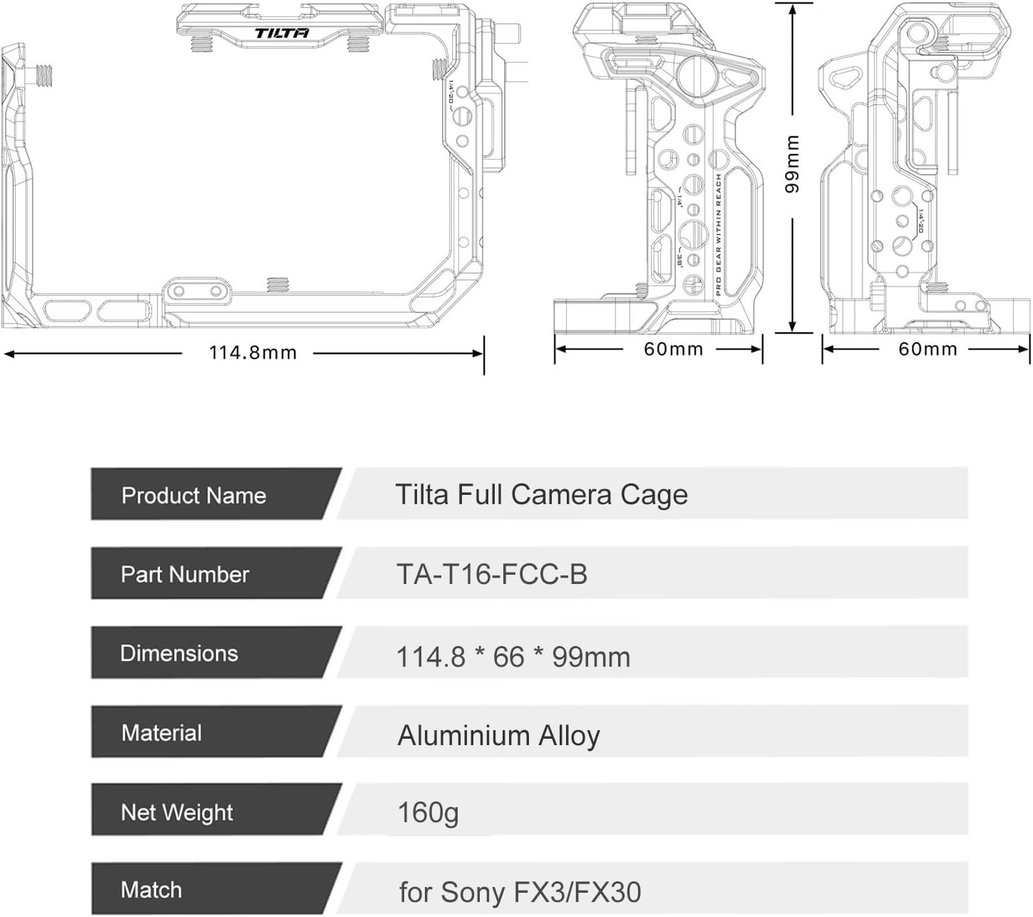 Tilta Full Camera Cage for FX3/FX30 V2 | Top Plate NATO Rail, Cold Shoe, 1/4""-20 and 3/8""-16 | Thumb Screw Design | Black