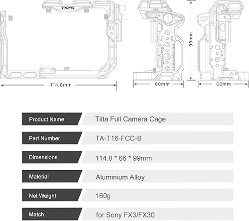 Miniatura 3 de Tilta Jaula completa para cámara FX3FX30 V2  Placa superior NATO Rail, zapata fría, 14 "-20 y 38" "-16  Diseño de tornillo de pulgar  Negro
