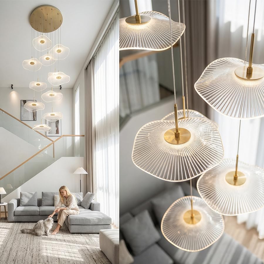 Image of ziidoo High Ceiling Chandelier - 7-Light Dimmable Modern Gold Long Spiral Luxury Linear Lotus Leaf Led Lamp Hanging Pendant Lights for Foyer Enterway Staircase Villas