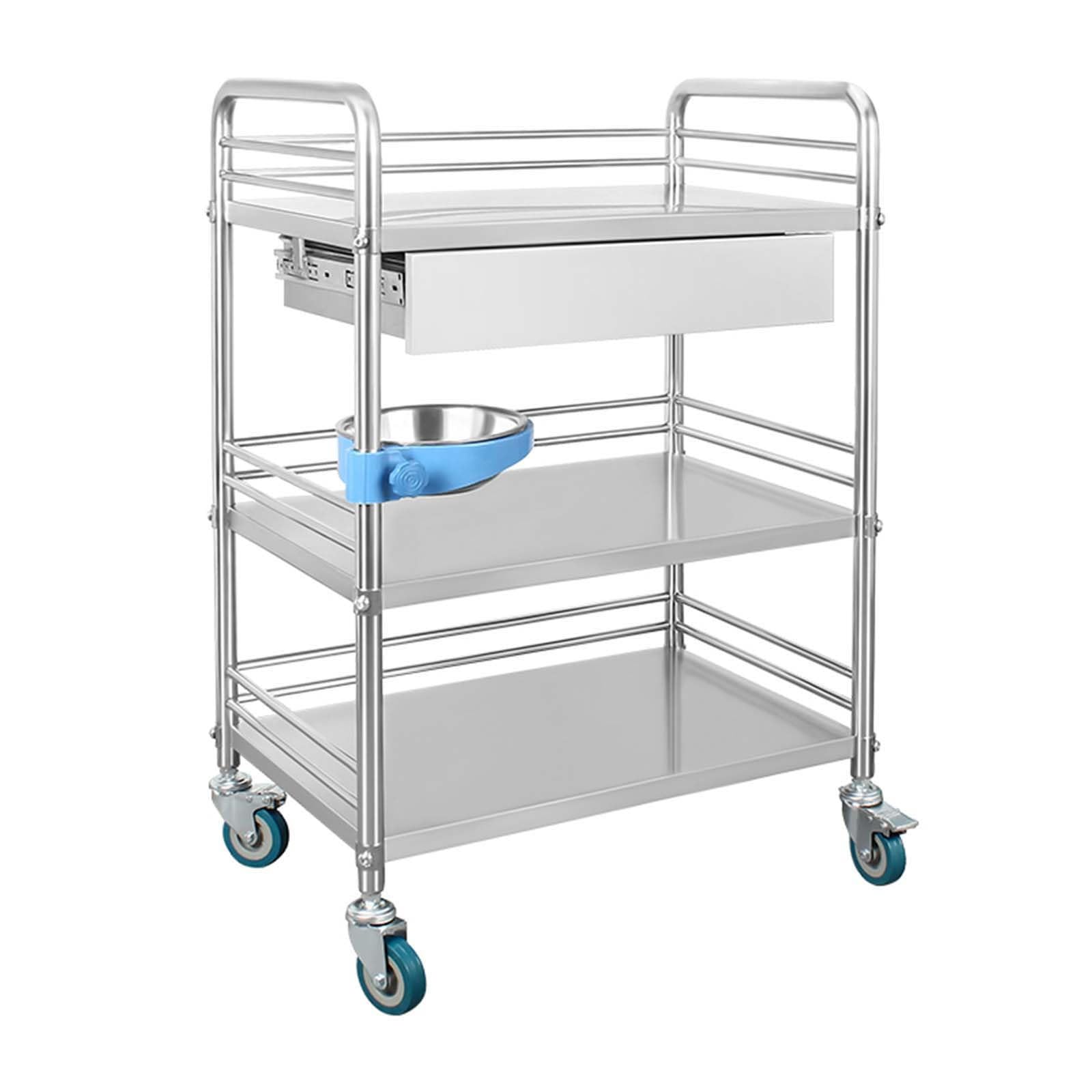 Carrello Portaoggetti A 3 Livelli con Cassetto Singolo Rollwagen in Acciaio Inox Sponde Alte 8 Centimetri Ruote con Freno Carrello Scorrevole con Bacino Regolabile