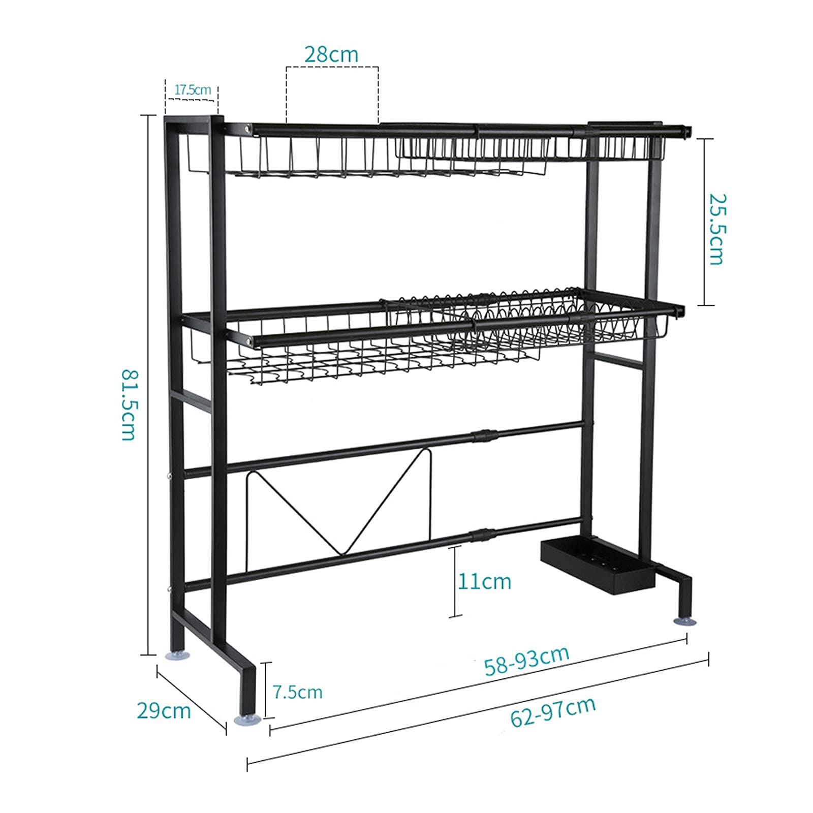 Scaffale telescopico per lavello da Cucina in Acciaio Inossidabile a 2 Strati Scaffale per filtri per stoviglie Lavello Lavello Scarico per lavello, Nero, 81,5 * 29 * 62 cm