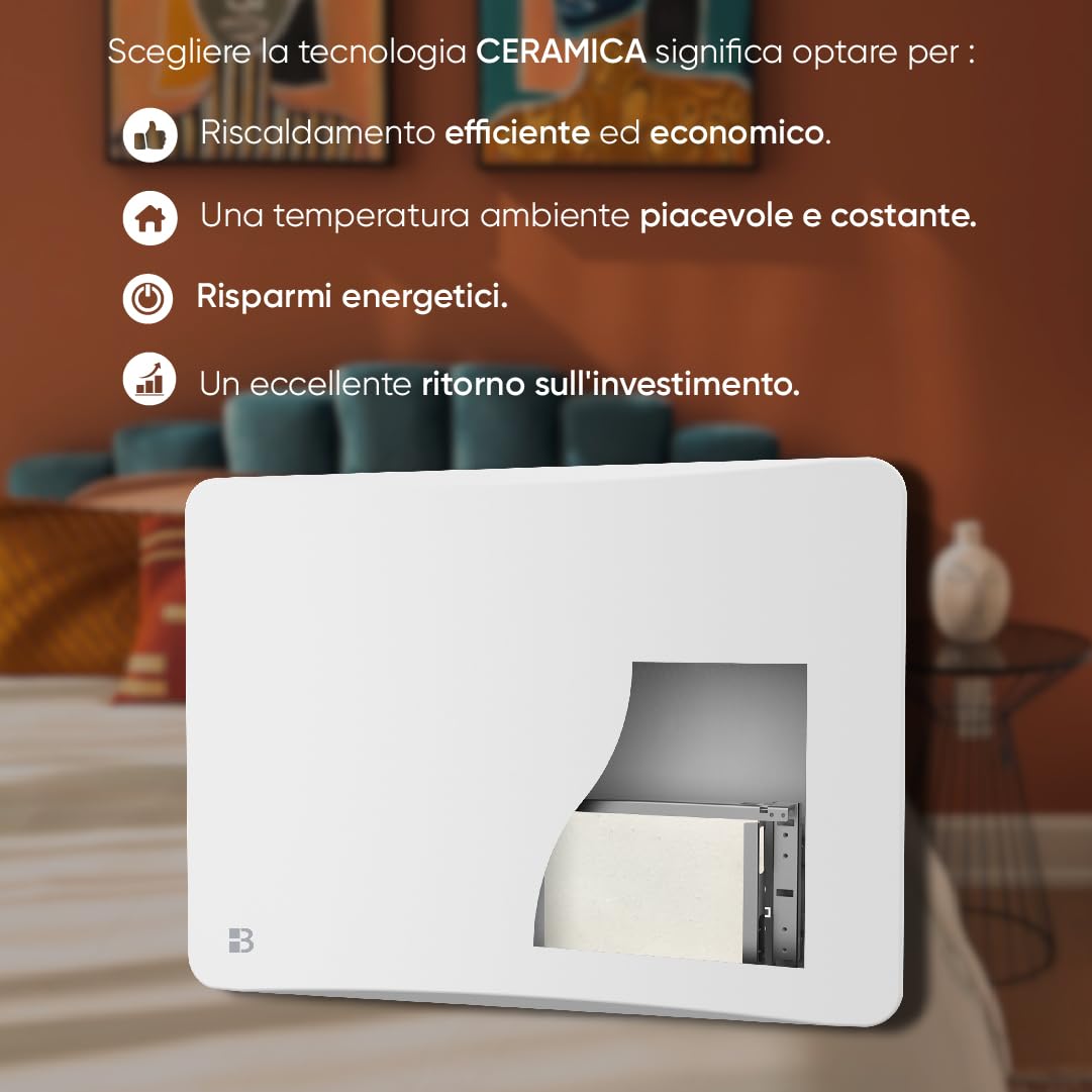 BESTHERM - Radiatore elettrico fisso a inerzia a secco in ceramica 1500W plug & play Bestherm orizzontale bianco