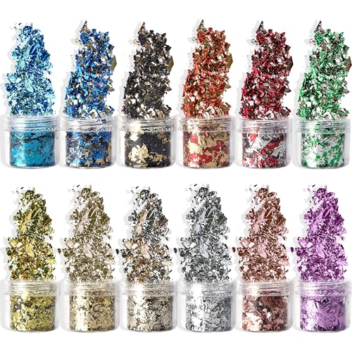 Resiners Gold Flakes Set, 12 Bottles Epoxy Foil Flakes for Crafts, Nail Art, Painting & Jewelry Making, Epoxy Resin Inclusions