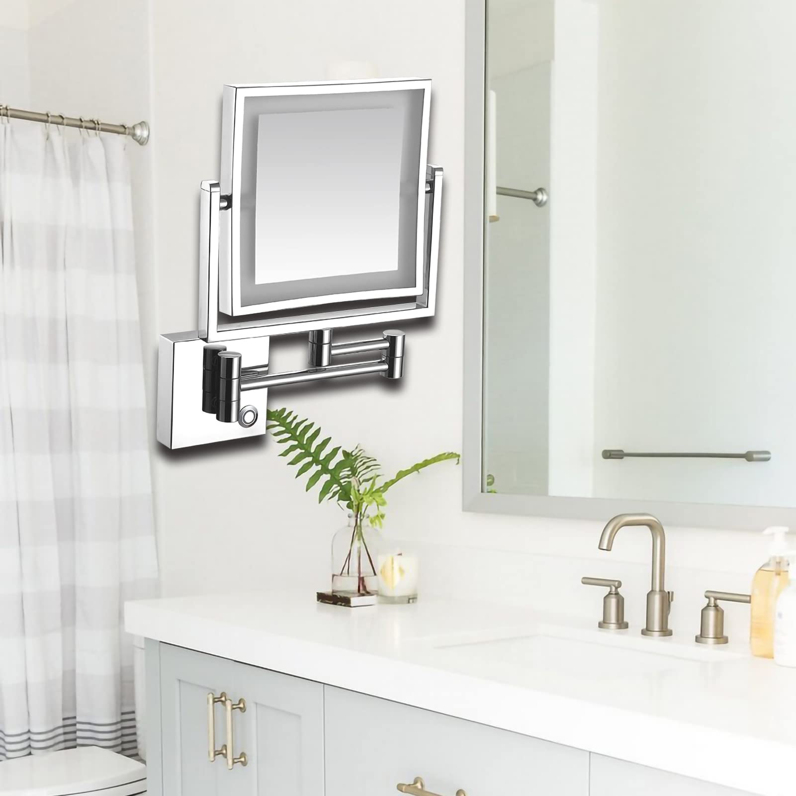Espejo de maquillaje de pared de doble cara con aumento de 1x/3x, giratorio de 360° y brazo extensible, espejo de tocador con lámpara para mujer