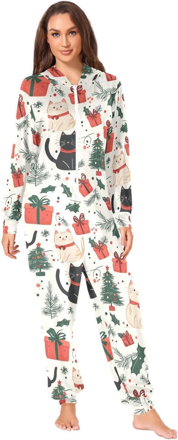 ZZKKO Cartoon Cats Adult Onesie Pajamas for Women Men Cozy One Piece Pajamas Costume Zip-Up Hooded S-XL