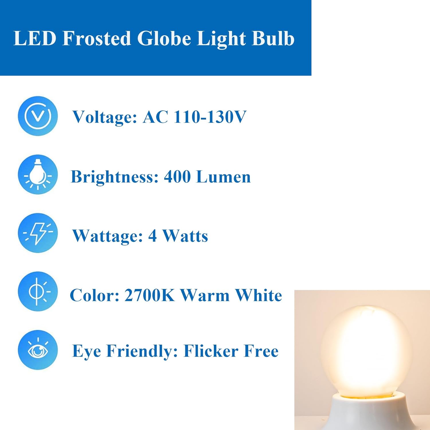 Beonllay LED Light Bulbs 40 Watt Equivalent E26 LED Bulb 4W Dimmable Frosted Globe Light Bulbs, 2700K Warm White G16.5 Light Bulb, 6 Pack
