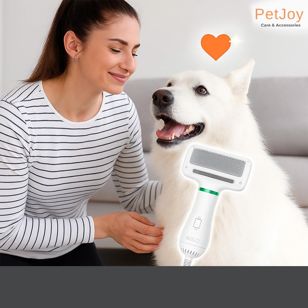 PetJoy 2 in 1 Pet Hair Dryer with Slicker Brush | Pet Grooming Dryer & Brush for Dogs & Cats | Low Noise, Heat Adjustable | White Multicolor | ast Drying & De-Shedding Tool 2