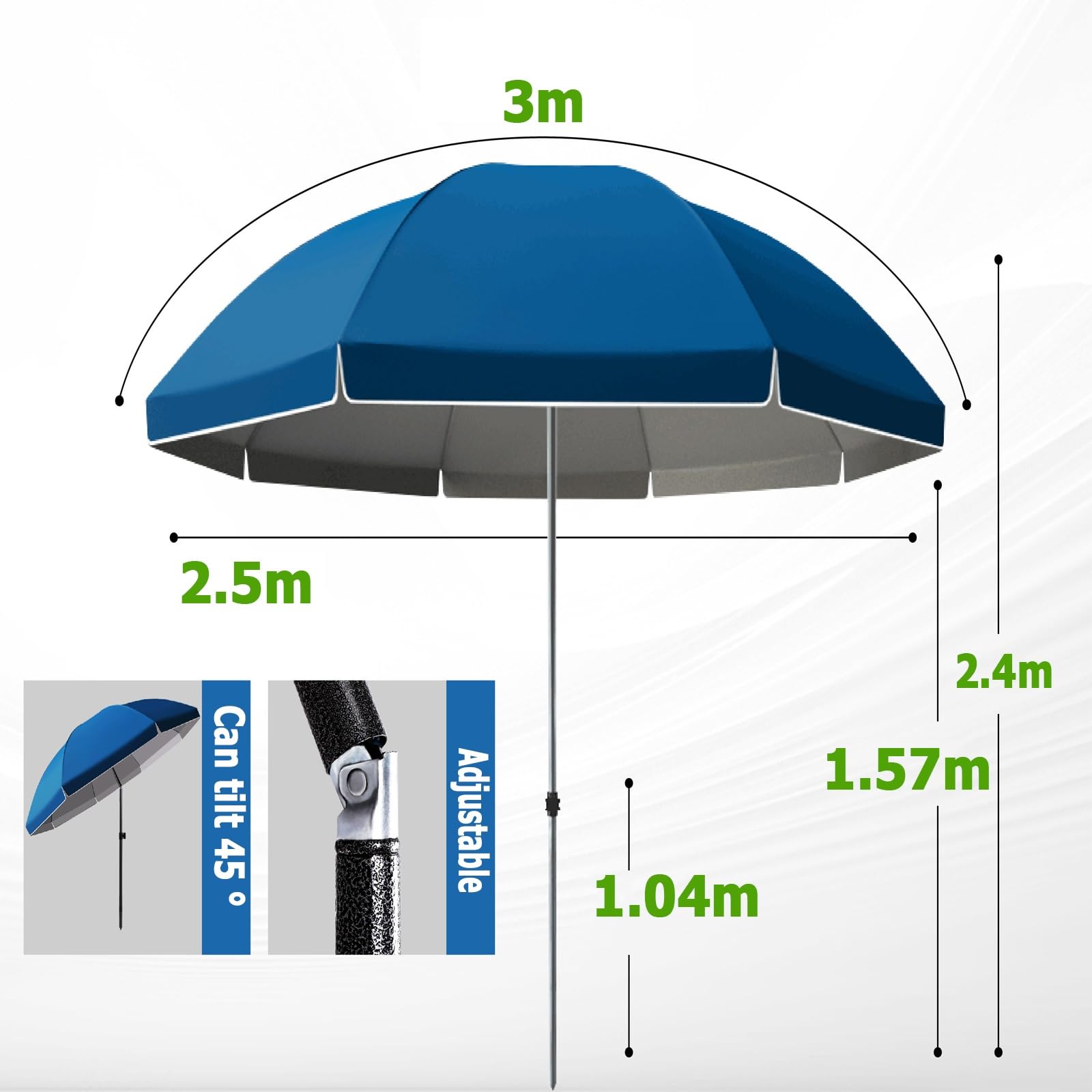 Parasol plażowy na zewnątrz, regulowany parasol słoneczny z nachyleniem, łatwy do naciśnięcia przycisk, 8 żeber regulowana wysokość, 1 sztuka, markiza