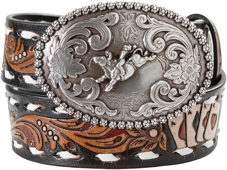 Nocona Belt Co. Boy's Hand Tooled Ace Cards and Floral Leather Belt, Black, 26