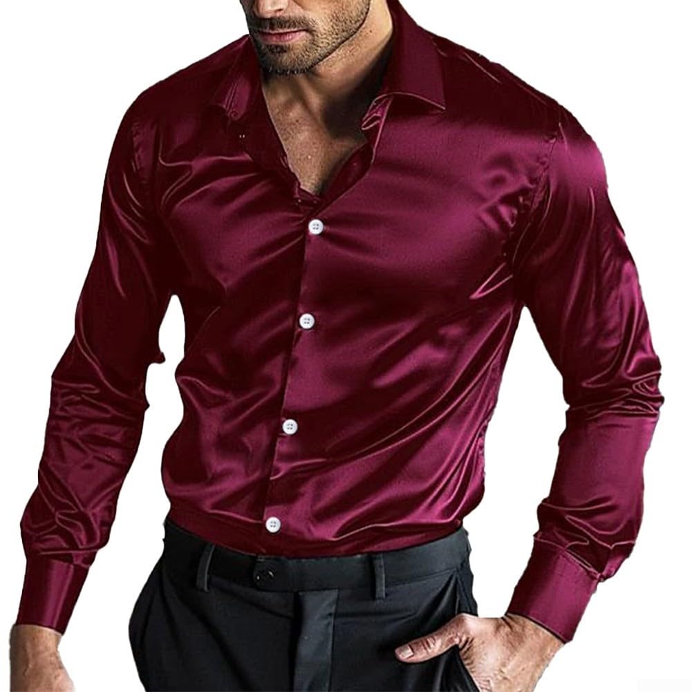 Chemise décontractée à manches longues en satin de soie pour homme - Pour soirées disco et mariages - Taille L - Rouge vin