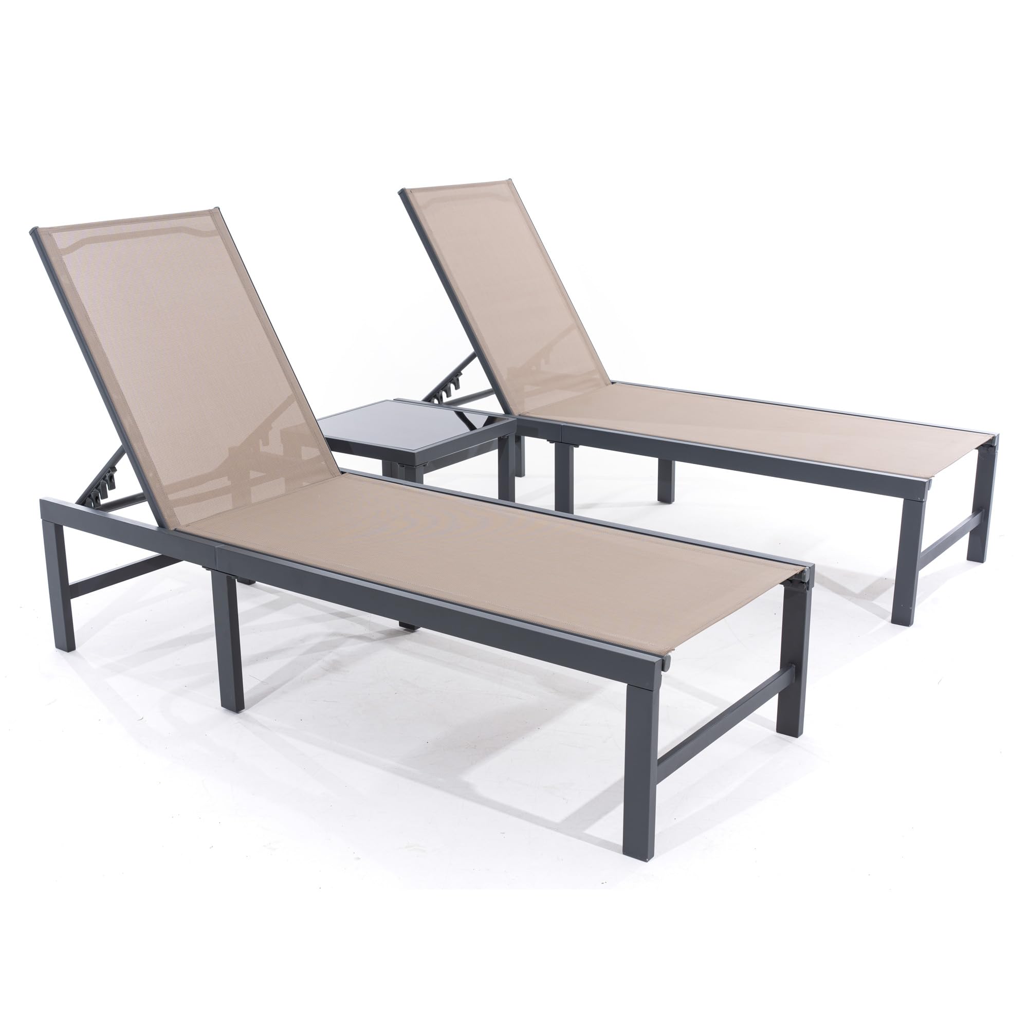 UDPATIO Outdoor Chaise Chairs & Table 3 Pieces Pool Lounge Chair, Adjustable Poolside Sunloungers Lay Flat Sunbathing Chaise with Backrest for Patio, Beach, Yard, Pool (Brown)