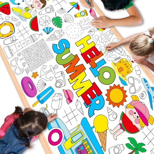 Qyeahkj Giant Coloring Poster Hello Summer Coloring Posters for Kids Jumbo Coloring Table Cover Large Coloring Table Cloth Hawaiian Pool Party Game Activities Supplies Wall Decoration Banner 71 x 30in