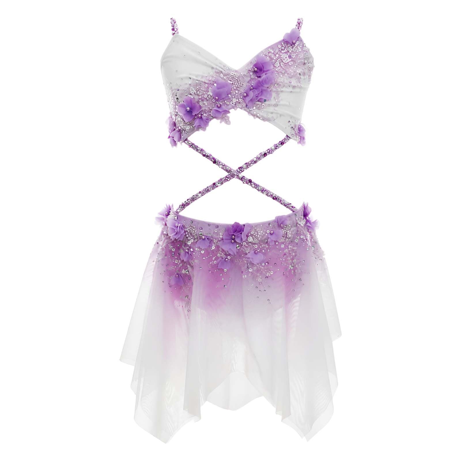 Strój do Tańca Lirycznego Damski z Ramiączkami i Szyfonem na Scenę | Strój do Tańca Nowoczesnego, Elastyczny Spandex z Kwiatami 3D i Kryształkami, Asymetryczny Szyfonowy Dół na Scenę