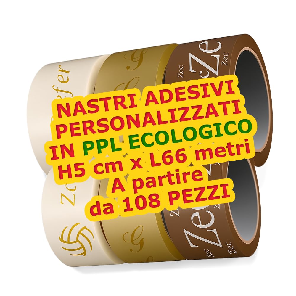 108 Rotoli Nastri Adesivi Personalizzati con Logo 66m x 5cm Ecologici in PPL Biodegradabile Nastro Imballaggio Bianco, Trasparente o Avana Stampa fino a 3 colori
