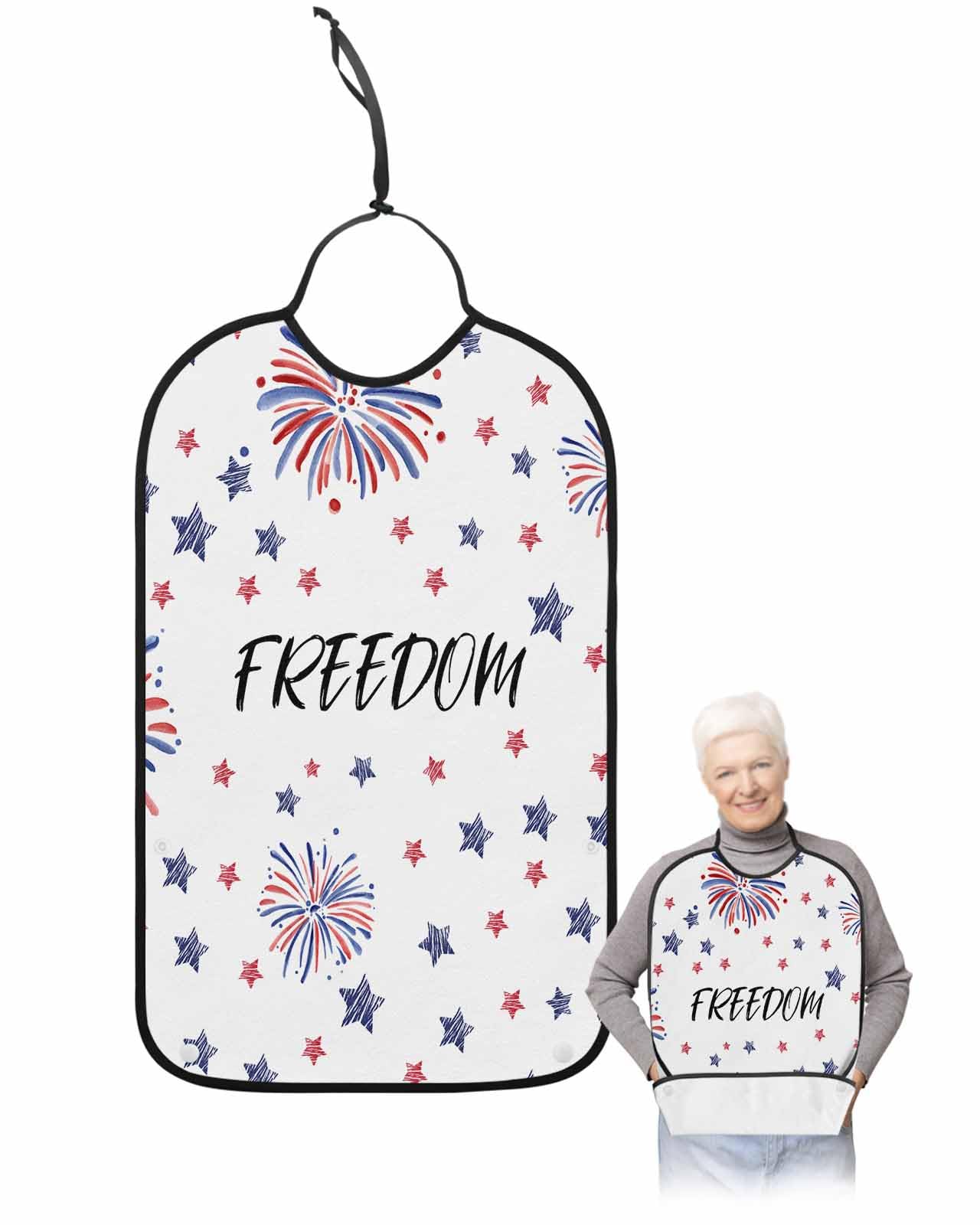 LEOKOTI Blue Red 4th of July Adult Bibs for Eating, Waterproof Bibs with Food Catcher & Adjustable Snap Closure, Independence Day Star Fireworks Washable Clothing Protectors Adult Bibs for Elderly