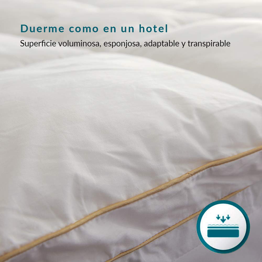Don Descanso - Topper Colchón Vivo Oro 100% Algodón para Camas 80/90cm x 190/200cm con 600gr. de Fibra Hueca Siliconada. Sobrecolchón Lavable 30ºC y Ajustable con Faldón Elástico