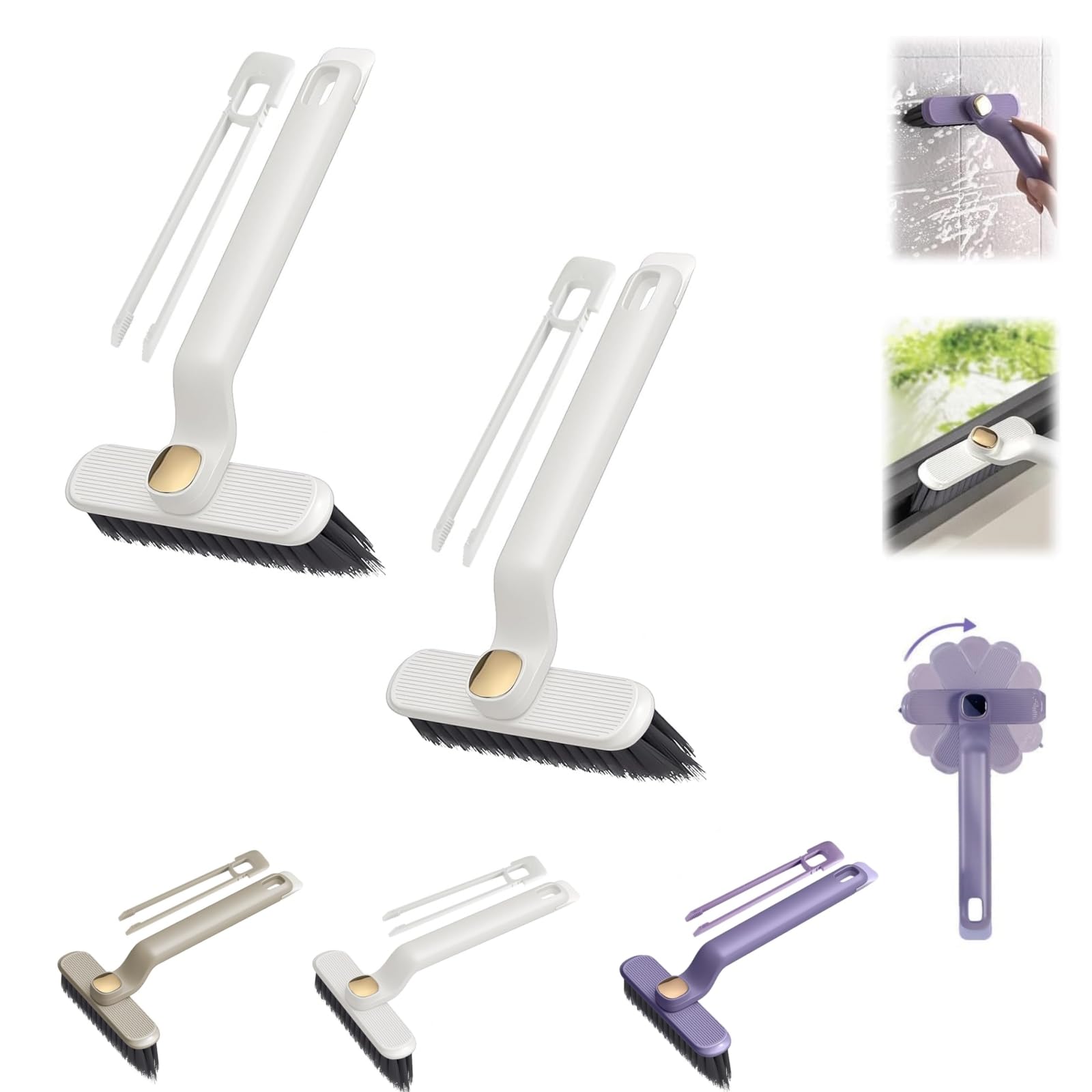 Cepillo de limpieza de grietas giratorio de 360°, herramienta de mano de cerdas duras para lechada de baño y cocina, sin esquinas muertas, perfecto para espacios reducidos (2 unidades, blanco)