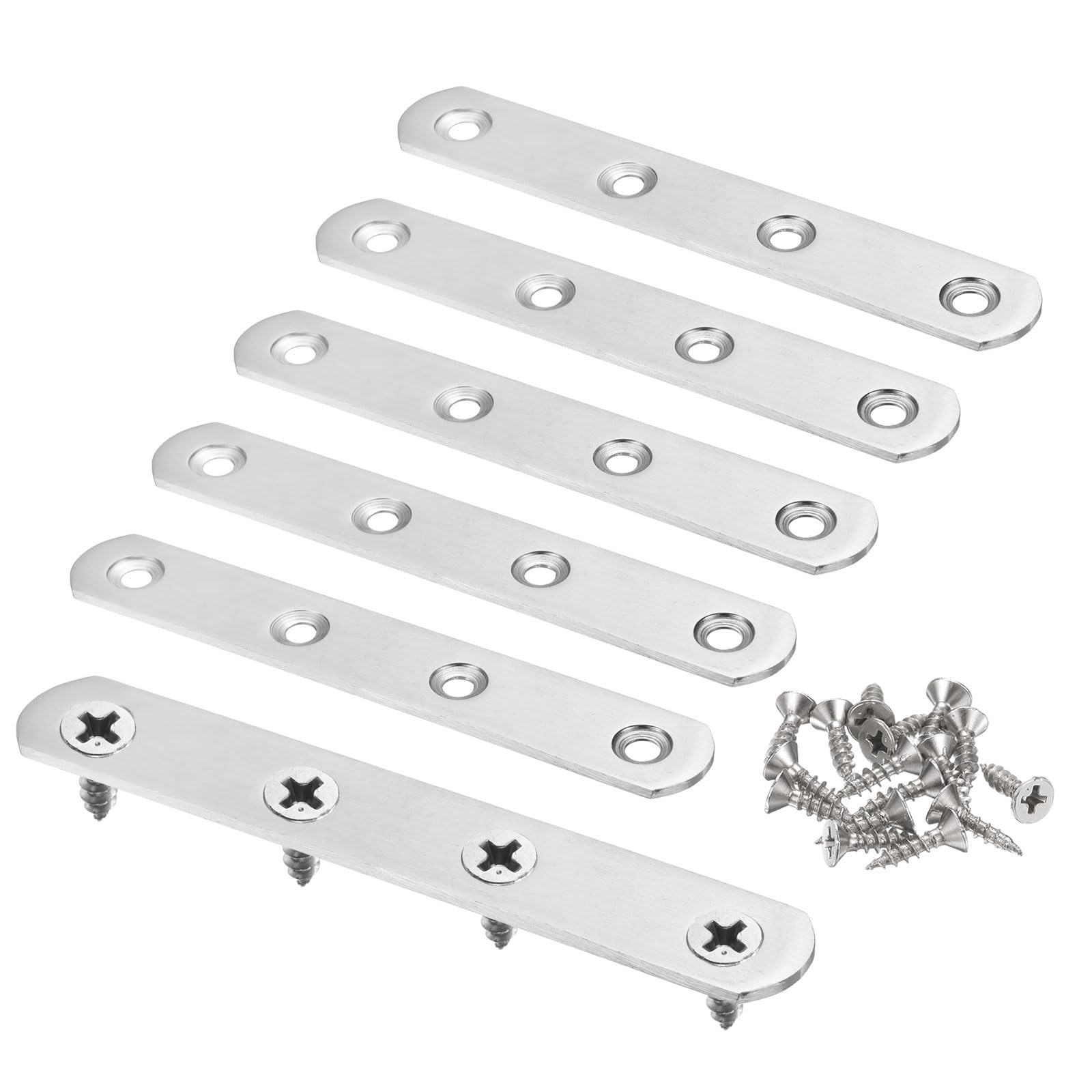 sourcing map 6pcs Straight Bracket 4.9" x 0.8" Stainless Steel Flat Fixing Brackets Mending Plate Corner Brace Connector with 24 Screws for Wood Board Bed Frame Furniture Shelves, Silver