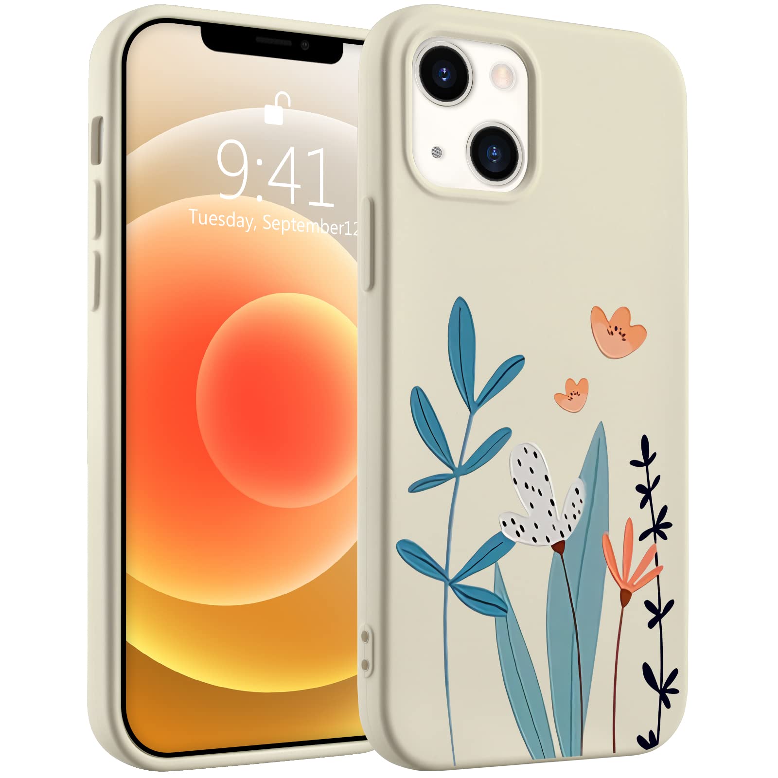 Idocolors Floral Phone case for iPhone 11 Leaf White Liquid Silicone Luxury Girly Case,Clean Soft Gel Rubber Full-Body Protective Microfiber Lining