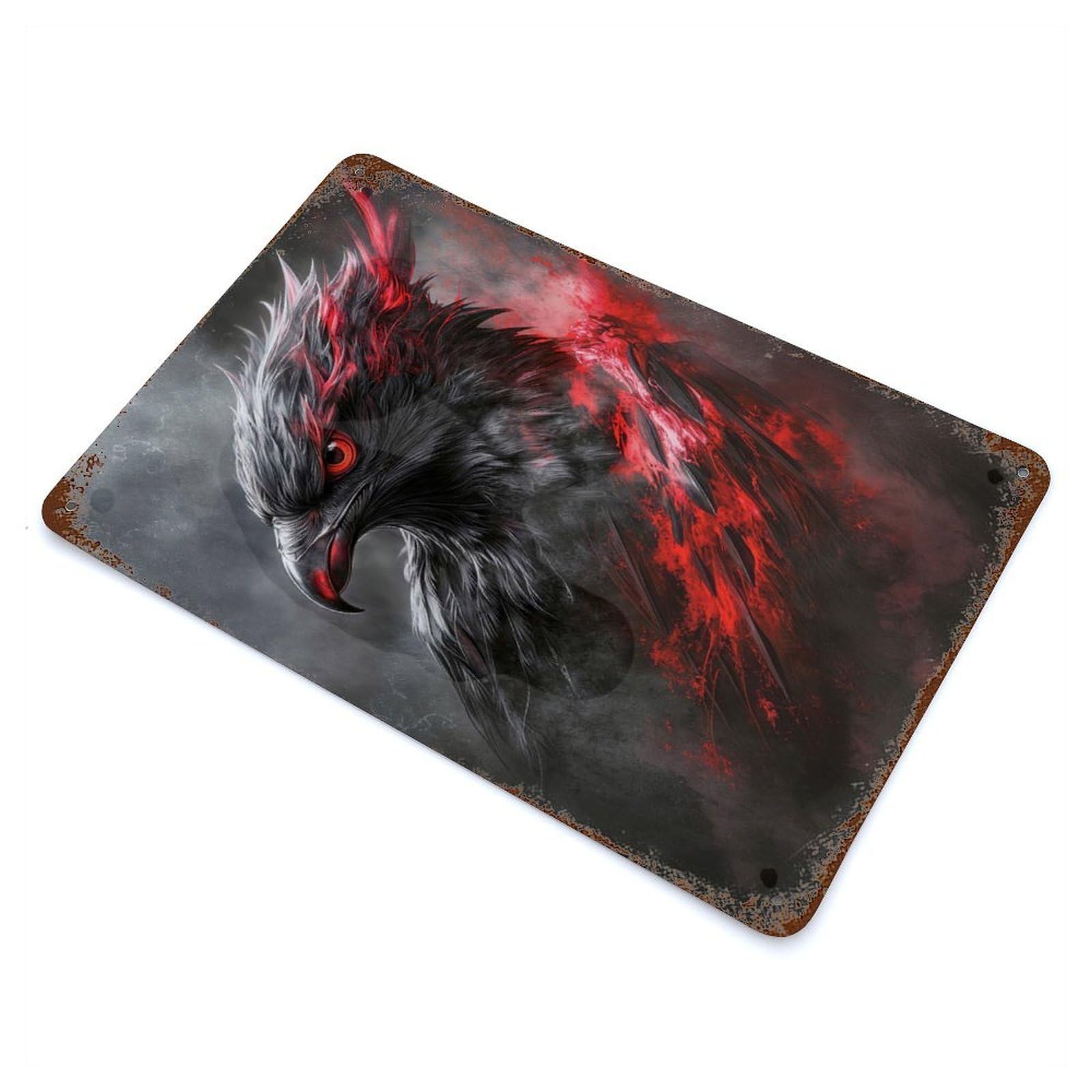 Weathered Tin Sign with Dark Fiery Raven Design 11.8"x7.9", for Basement, Hobby Room And Garage Decor, Industrial Home Decor