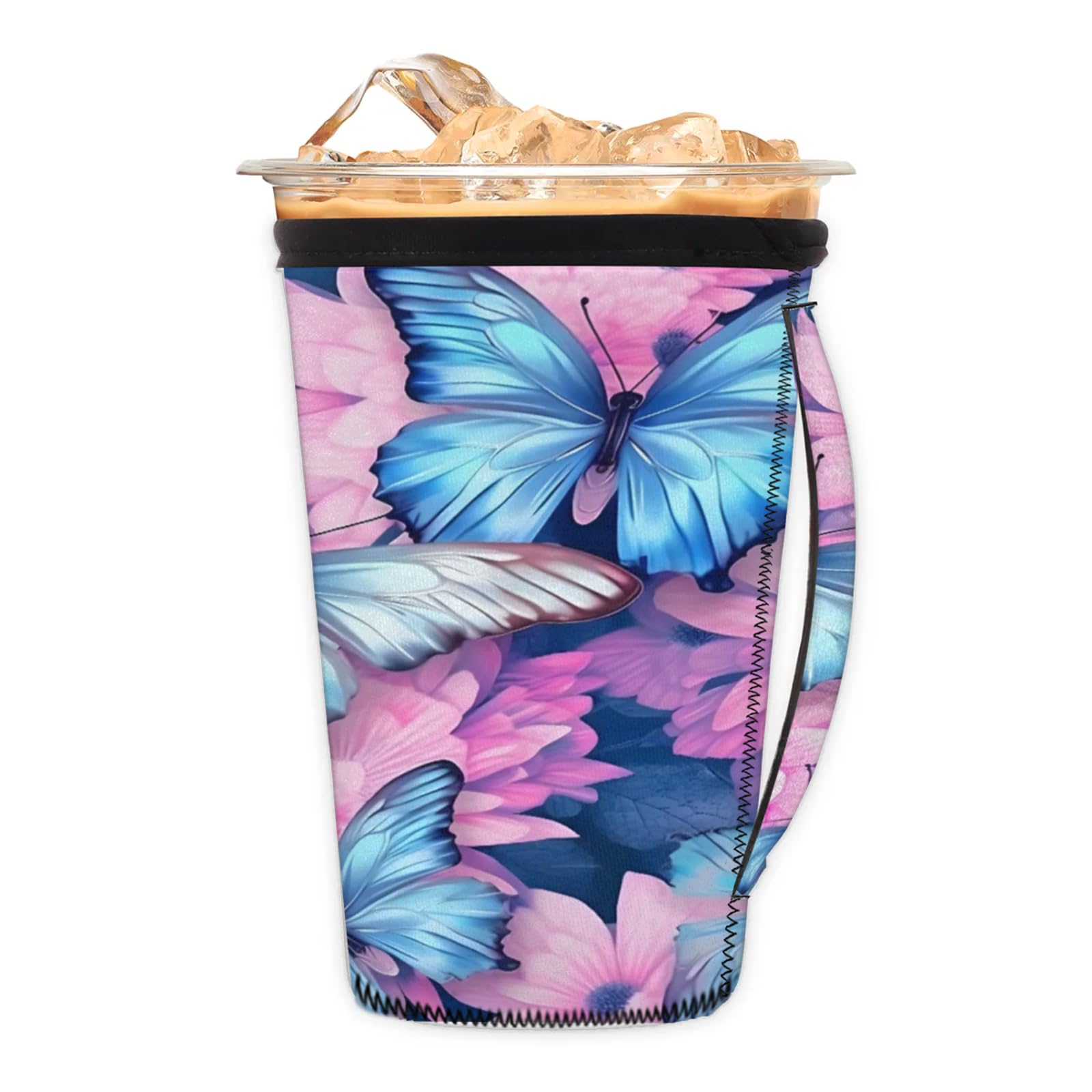 Flower Butterflies Reusable Neoprene Coffee Sleeve with Handle Insulated Iced Coffee Cup Holder Reduces Condensation Fits 24-28 oz Cups M