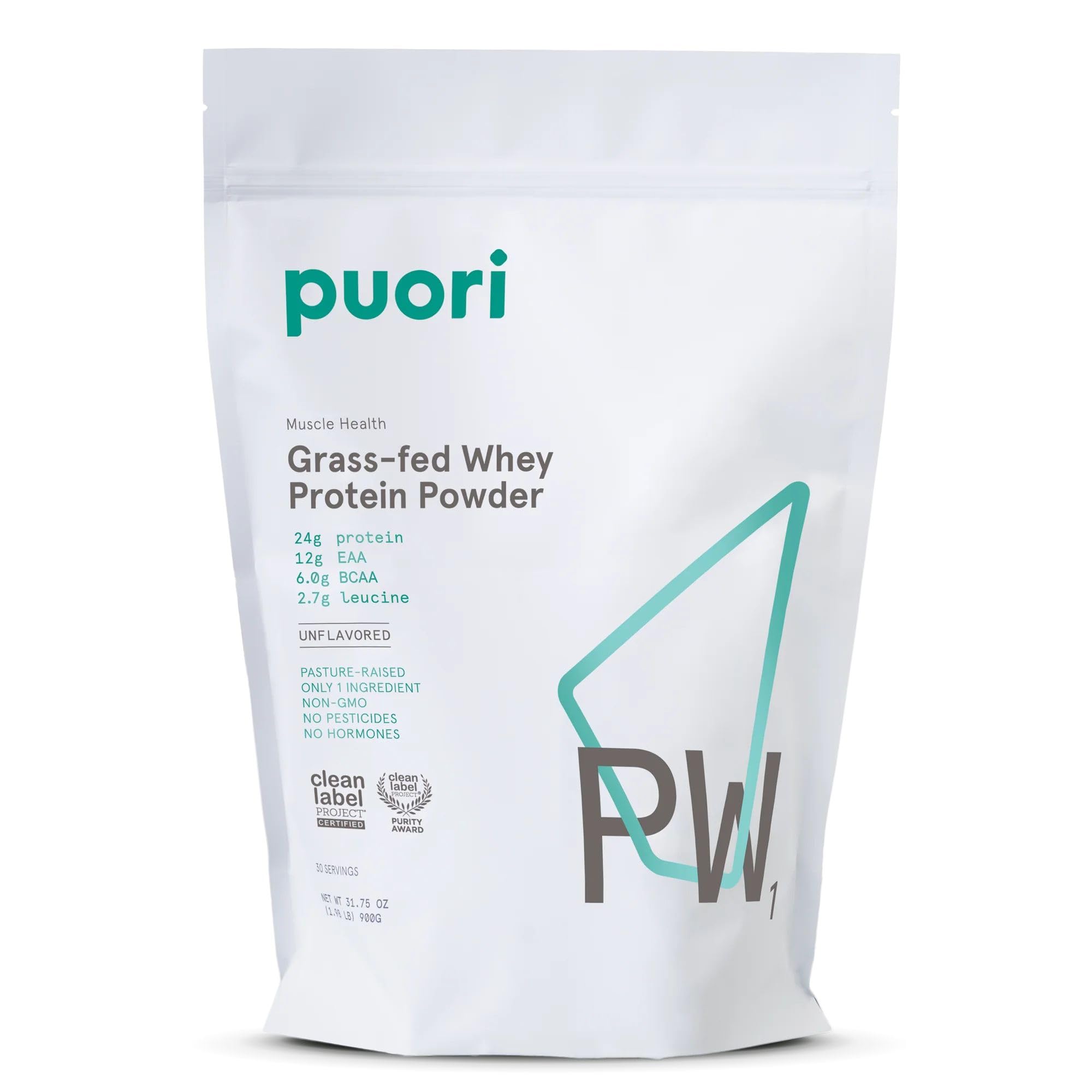 Puori Grass-Fed Whey Protein Powder, Unflavored - 30 Servings | Pasture-Raised & Hormone-Free - Post-Workout Protein Supplement Contains BCAA - Build Muscle, Support Recovery - Men & Women