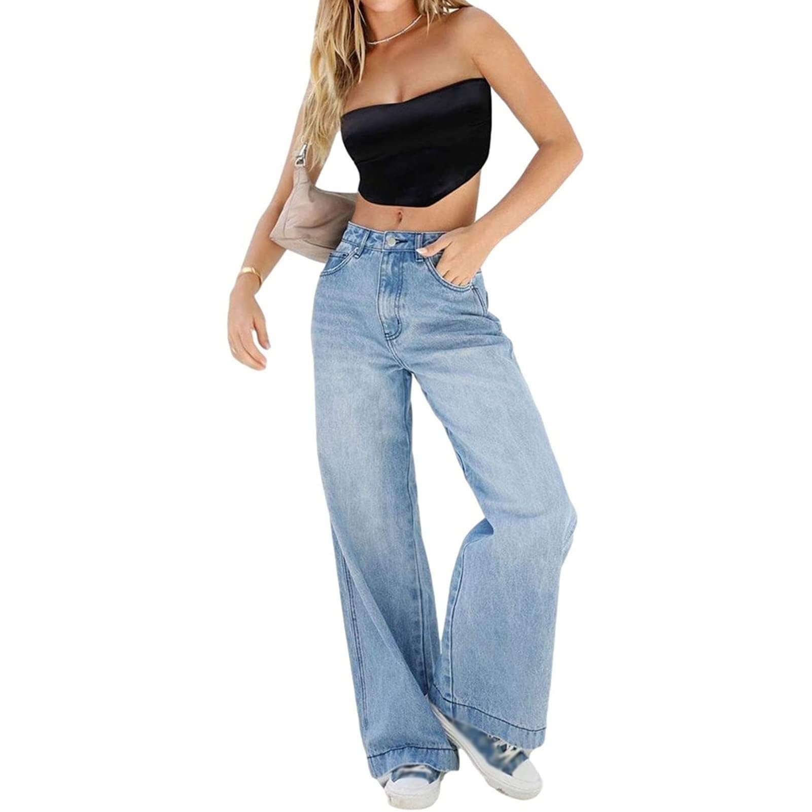 Donne Gamba Larga Jeans Gotico Baggy Denim Pantaloni a Vita Alta Punk Sciolti Pantaloni Diritti e Ragazza Streetwear