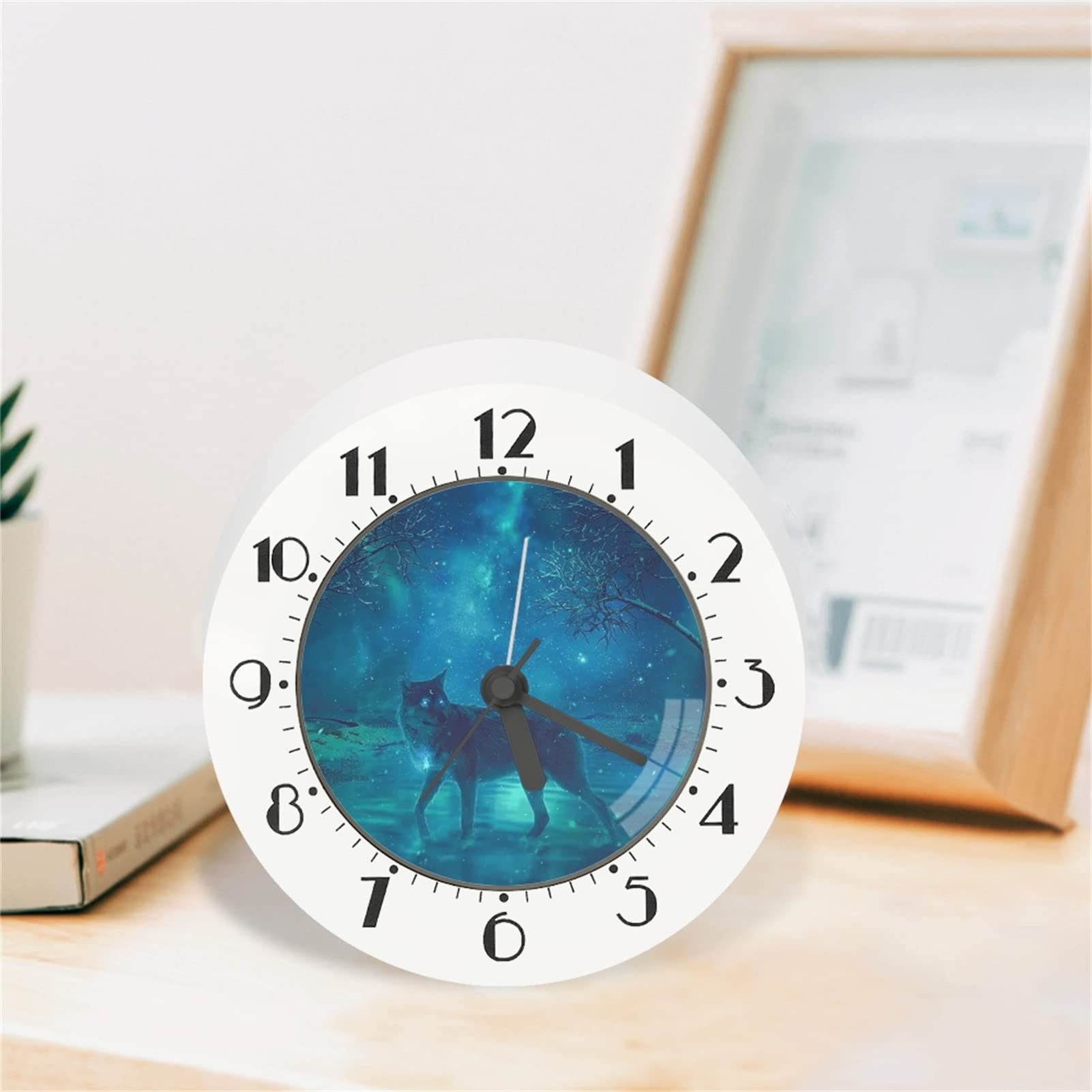 Howilath Morning Wakeup Alarm Clock for Heavy Sleepers, Blue Green Aurora Ice Wolf Print, Gfit Clock for Boys Bedroom Dorm