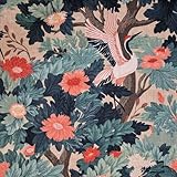 Werthers Stoffe Kranich Stoff – Eleganter Vogel im floralen Garten – Kunstvolles Blumen- & Naturmotiv im Vintage Art Stil – Edler Naturstoff im Leinenlook für Kleidung, Deko, Patchwork, Taschen & DIY