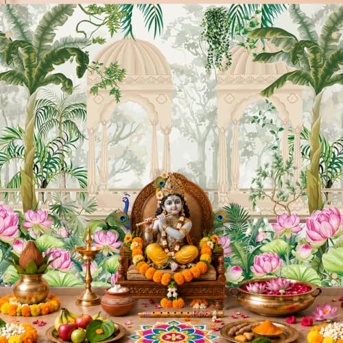 Image of Party Propz Pichwai Backdrop Cloth For Decoration Pooja -1Pc 8ft*5ft Ganpati Decoration Setup For Home, Varamahalakshmi Decorative Items, Krishna Janmashtami Set, Haldi Decor, Annaprasana Decor(Cloth)