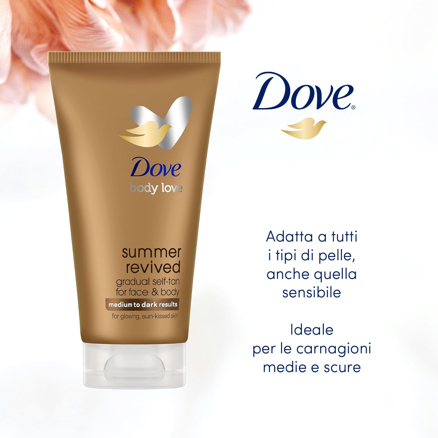 Dove Lozione Viso e Corpo Autoabbronzante Summer Revived, Per Pelli Medie e Scure, Abbronzatura Graduale, Finish Naturale, Pelle Luminosa, 72H di Idratazione, Con Estratto di Aloe Vera, 2x 75ml