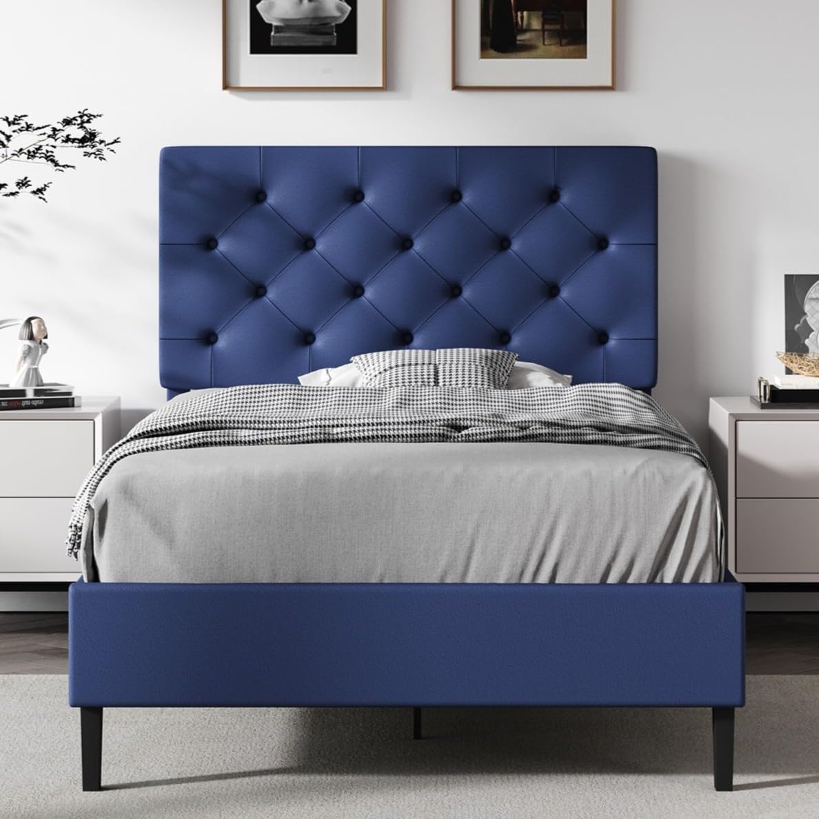 REVOMINCA Twin Bed Frame with Headboard, Faux Leather Upholstered Platform Bed Frame, Blue Bed Frame Twin Size, Wooden Slat Support, No Box Spring