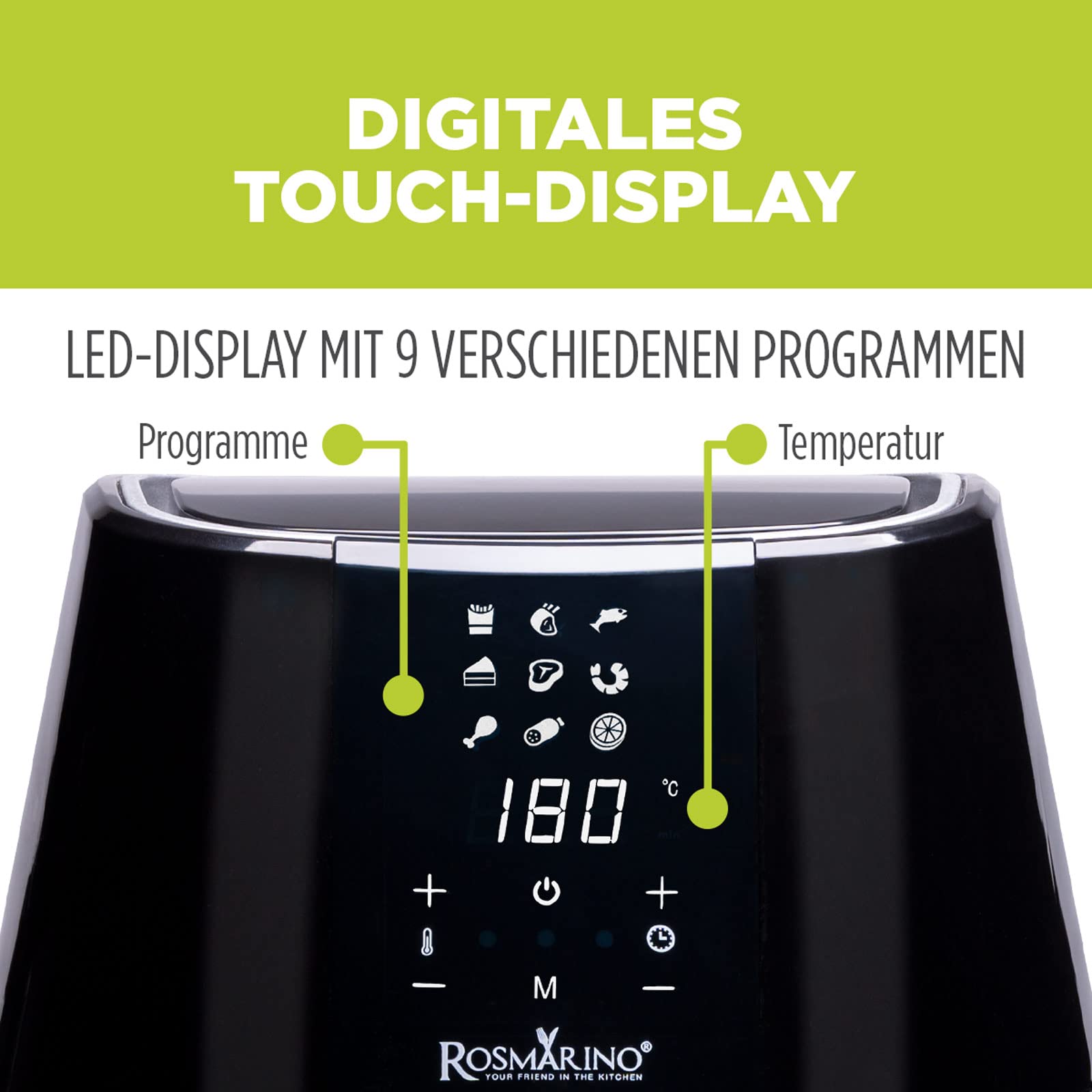ROSMARINO Frytkownica beztłuszczowa, 3,5 l, XL, Air Fryer z cyfrowym ekranem dotykowym LED, 9 programów, podgrzewanie wstępne i utrzymywanie ciepła, tryb shake, 100 przepisów po niemiecku, 1500 W