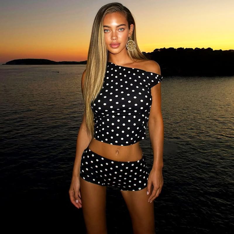THLAI Womens Polka Dot Two Piece Asymmetrical Neck Crop Top & High Waisted Boyshorts Swimsuit Set