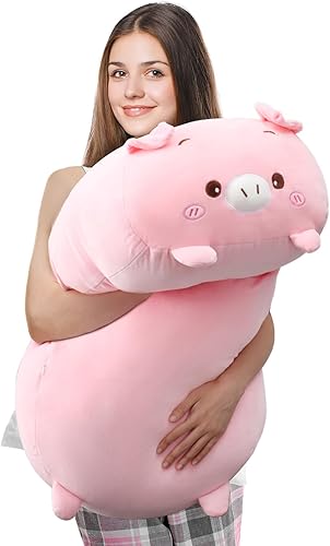 Woanger Almohada de peluche de cerdo de 35.4 pulgadas, linda almohada de peluche de cerdo suave rosa, cuerpo cilíndrico, cerdo gigante, animal de