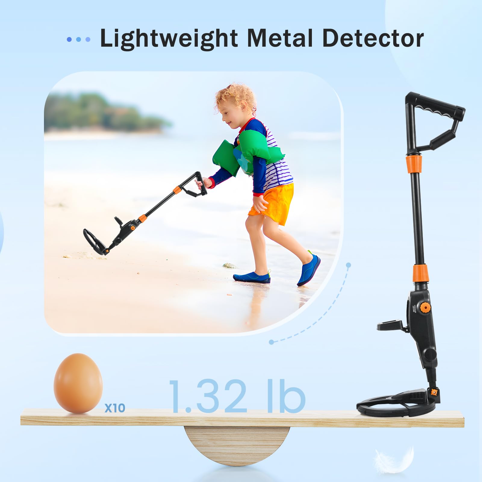 Metal Detector Bambini, Leggero Metal Detector per Bambini Regolabile ad Alta Sensibilità con Display LCD e Indicazione SUONO, Bobina Impermeabile IP68, per Regalo Principianti E Bambino