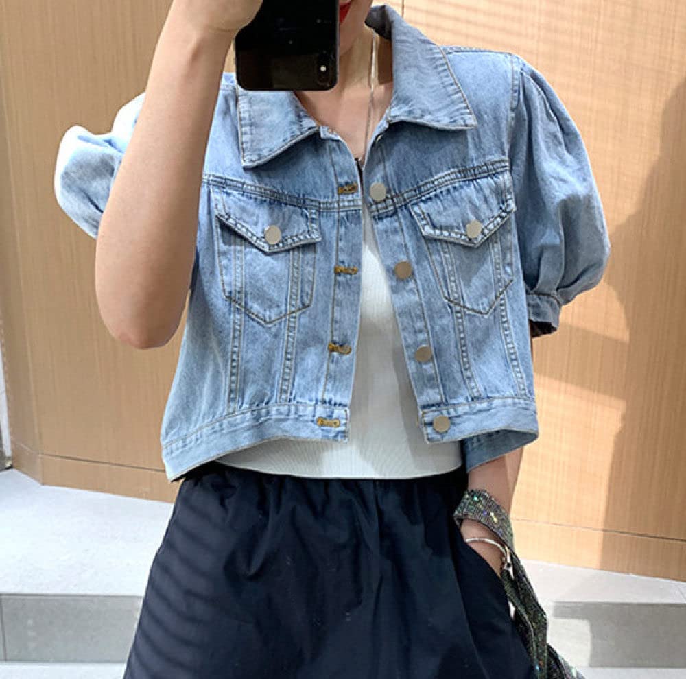 MIDJ Elegantes Lässiges Langarm-Top,Damen Crop Top Denim Blusen Hemd Lässig Puffärmel Knopf Hemdjacke Blaues Revers Gesteppte Brusttasche Blusen Tunika Leichte Jeans Modisches Sweatshirt Für Mädchen