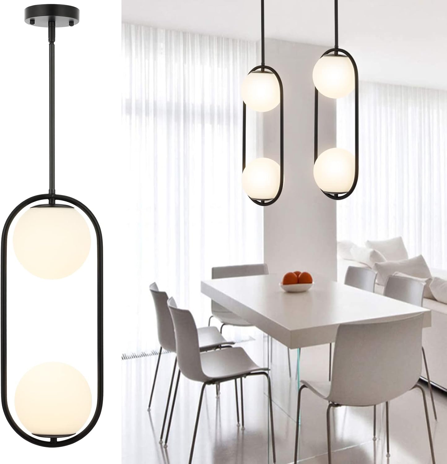 2-Lights Modern Globe Chandelier Mid Century Pendant Light Matte Black Ceiling Hanging Lighting Fixture with White Globe Glass Lampshade for Kitchen Island Dining Room Bedroom