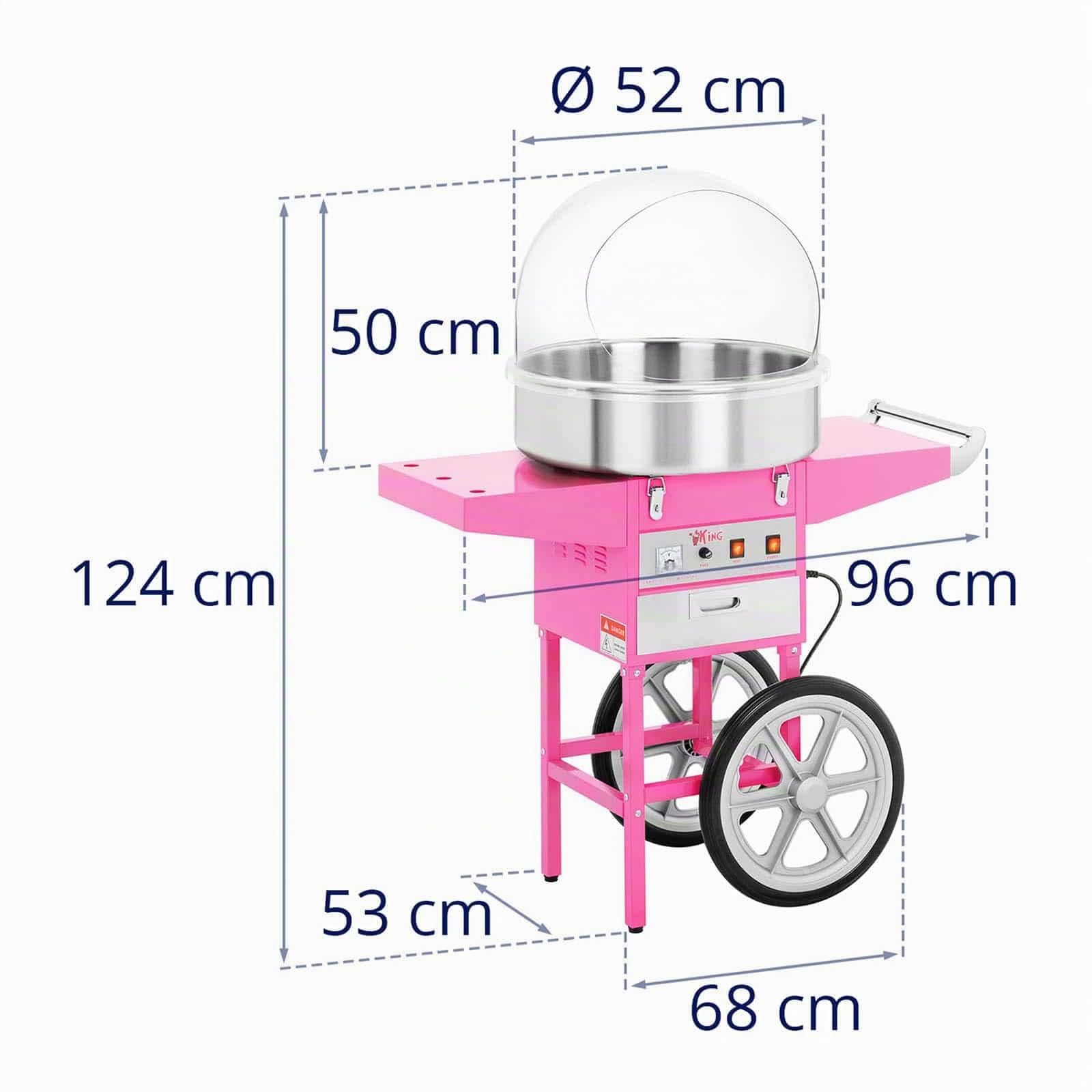 Royal Catering Macchina per zucchero in cotone con carrello, controllo termostato e rotazione, 1200 W, colore rosa, 52 cm