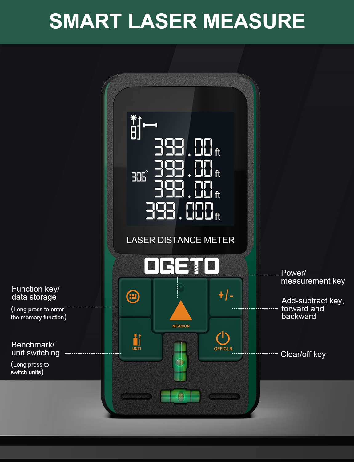 Metre Laser, Ogeto Télémètre Laser Numerique avec Niveau Électronique Amélioré, 99 Stockage, Mesure Longueur/Zone/Volume/Théorème de Pythagore pour Rénovation Intérieure/Chantier de Construction