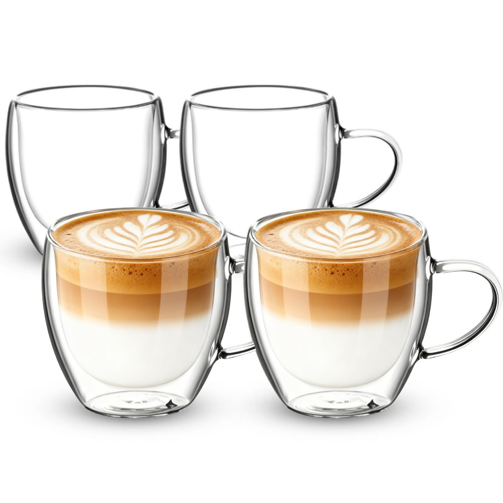 4 Pack Double Walled Coffee Glasses Mugs, 250ml/8.8oz Cappuccino Latte Macchiato Glasses Cups with Handle, Heat Resistant Borosilicate Glasses Cup for Coffee Tea Milk Juice Ice Cream