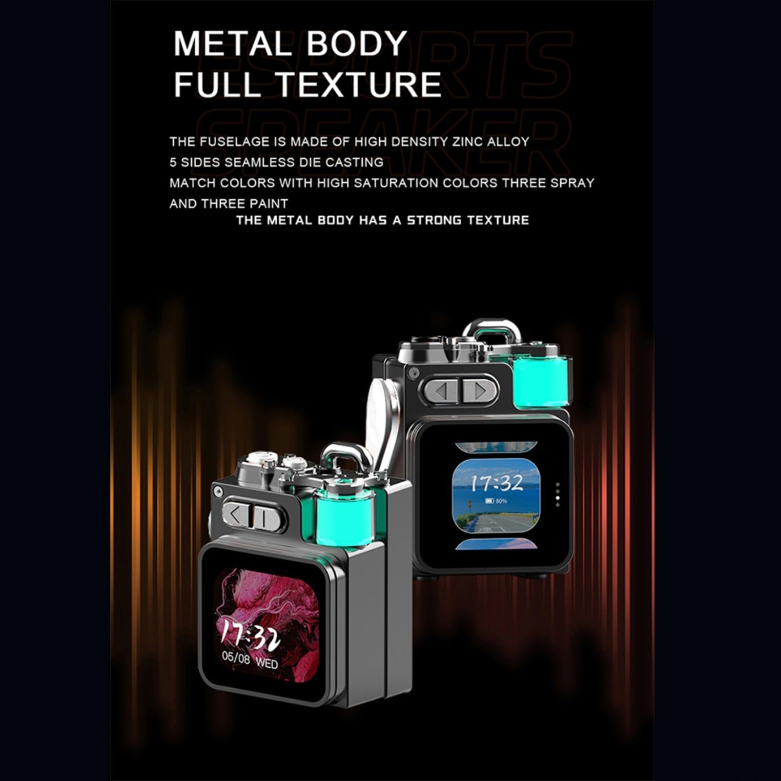 Altoparlante portatile wireless intelligente con display touchscreen LED, subwoofer RGB, impermeabile IPX7, batteria 1200 mAh, design compatto in metallo e ABS, ideale per attività all'aperto
