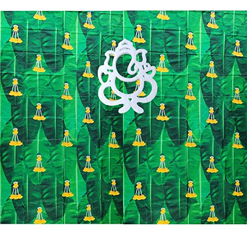 Image of ZEONELYMART Banana Leaf Backdrop Cloth with Small Yellow Flower Hangings for Pooja, Housewarming and Wedding etc Events Decoration 10 X 8 Feet (Banana Leaf Yellow Flowers Cloth with Ganesh)