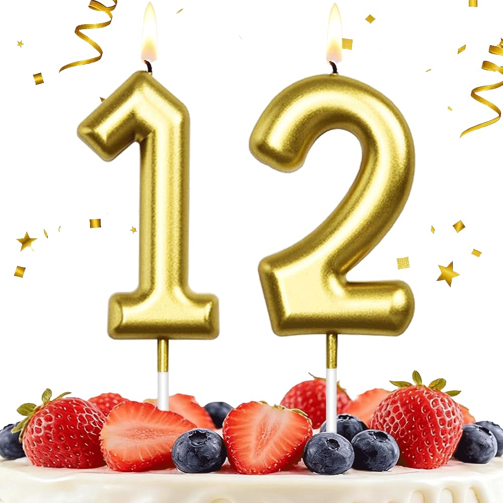 Hlwgfjdy Gold 12Th Birthday Candles Number 12 Cake Topper Happy Birthday Cake Decorations For 12Th Birthday Party, Candles For Birthday Anniversary Celebration Party Supplies（Large Size）